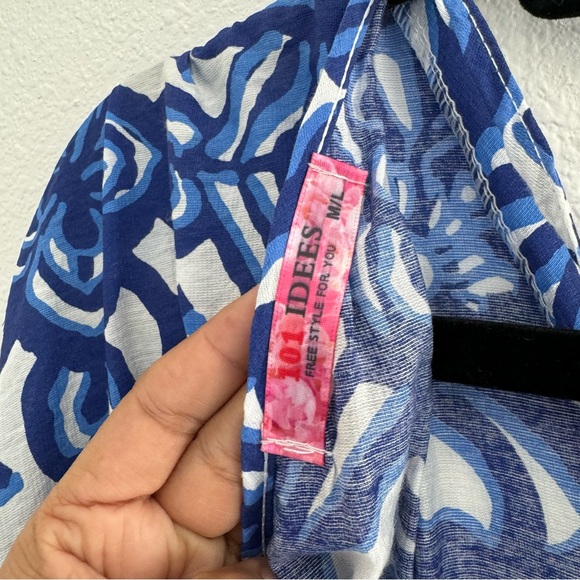 101 Idees Blue White Floral Print Maxi M/L Summer Beach V Neck Back Tie Dress - Picture 7 of 8